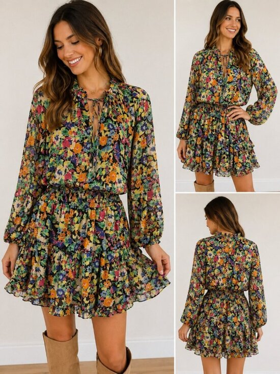 Lavender Brown Dresses & Skirts - Lavender Brown Floral Mini Dress XS Black Boho Tiered Long Sleeve Dress